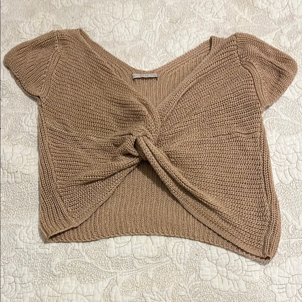 Active USA Tan Ribbed Tie Front Crop Blouse